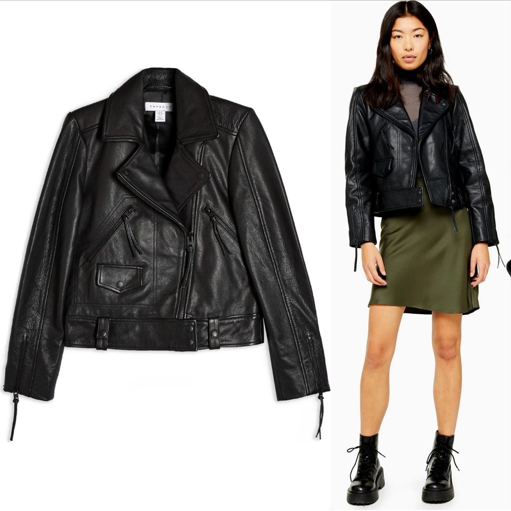 Topshop Sky Real Leather Moto Biker Jacket  Sz8 Gorgeous All-Black Hardware NWOT